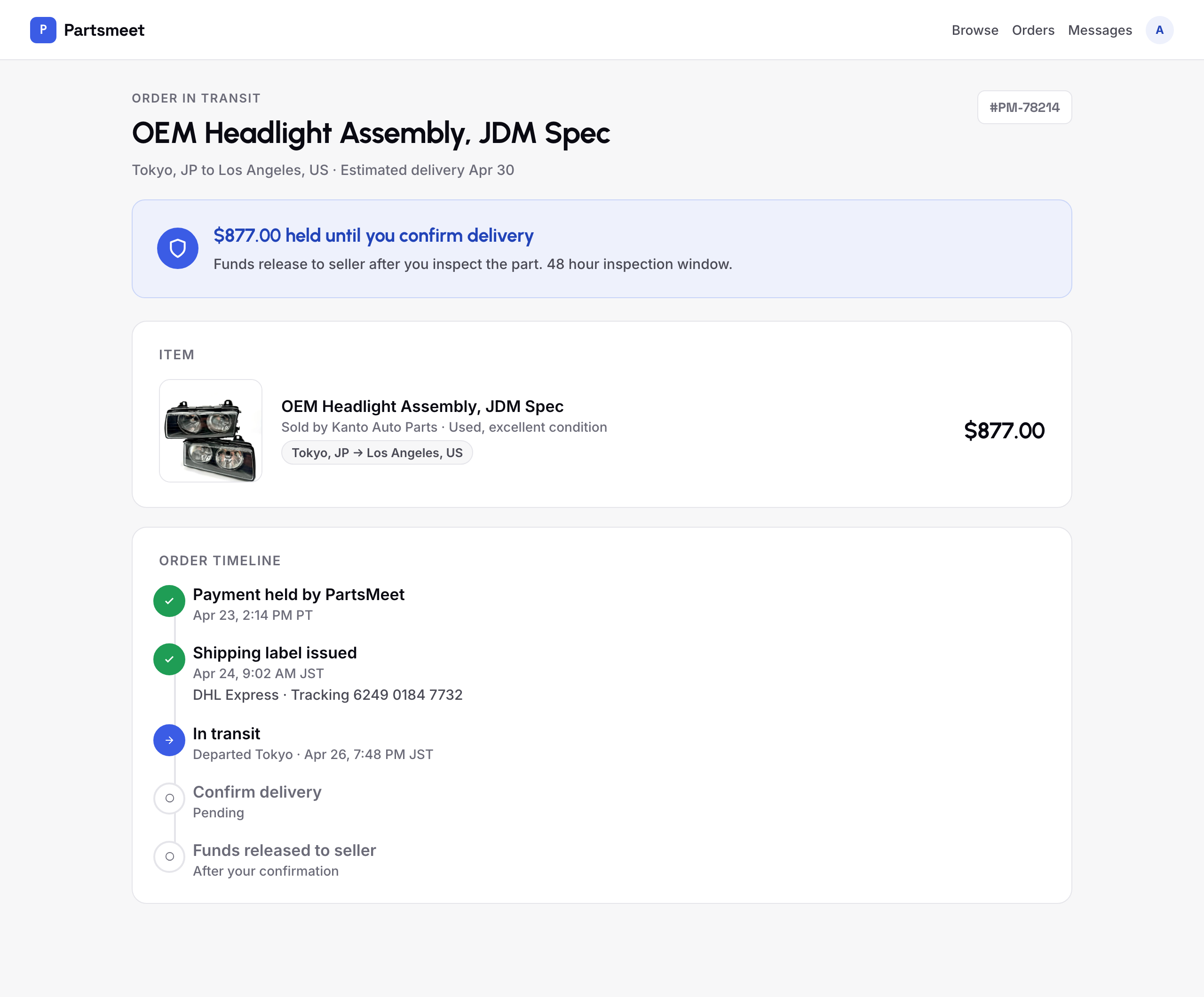 PartsMeet order tracking with funds held until delivery